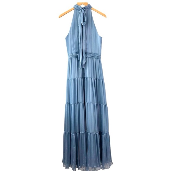 MAC DUGGAL High Neck Tiered Maxi Dress Slate Blue Metallic Silver Formal  Size 4 - Picture 8 of 15